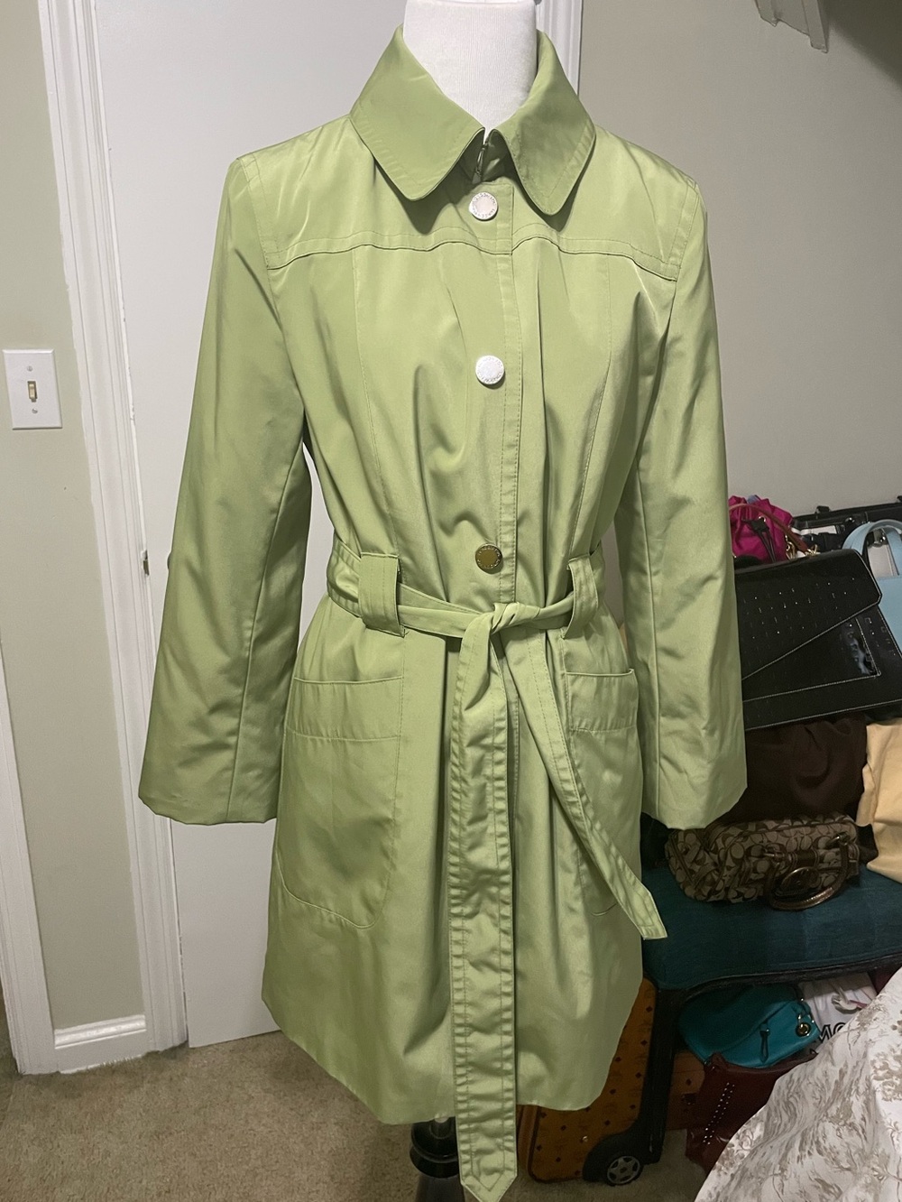 London Fog Green Tie-Belt Trench Coat with hood